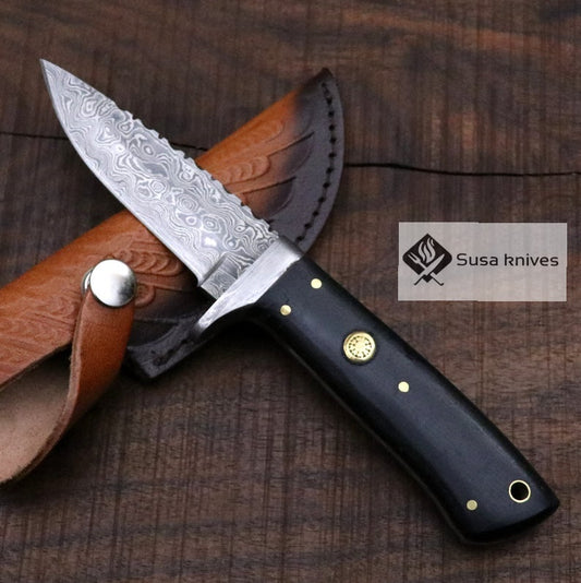 Damascus Bushcraft Knife with Black Micarta Scales - Hunting, Camping, Fixed Blade, Groomsmen, Anniversary Gift Men, Unique Knife, EDC, - SUSA KNIVES
