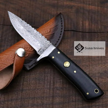 Load image into Gallery viewer, Damascus Bushcraft Knife with Black Micarta Scales - Hunting, Camping, Fixed Blade, Groomsmen, Anniversary Gift Men, Unique Knife, EDC, - SUSA KNIVES
