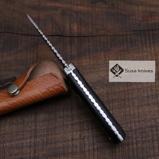 Damascus Bushcraft Knife with Black Micarta Scales - Hunting, Camping, Fixed Blade, Groomsmen, Anniversary Gift Men, Unique Knife, EDC, - SUSA KNIVES