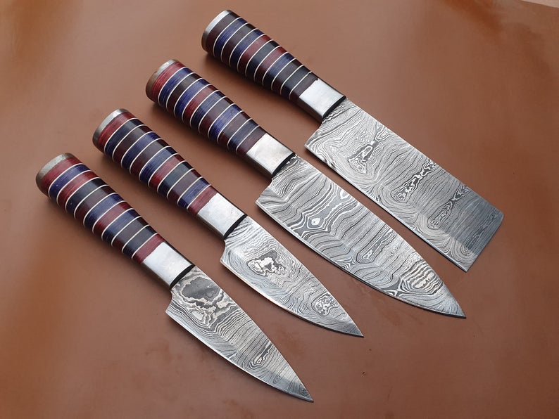 Set of 4 Custom Handmade Damascus Steel Chef Knife - SUSA KNIVES