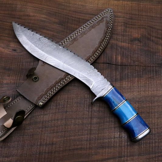 Seven seas Gurkha / Kukri Knife in Damascus Steel and Blue Dyed Camel Bone Handle - Camping / Machete / Hunting Knife / Unique Knife / Bowie - SUSA KNIVES