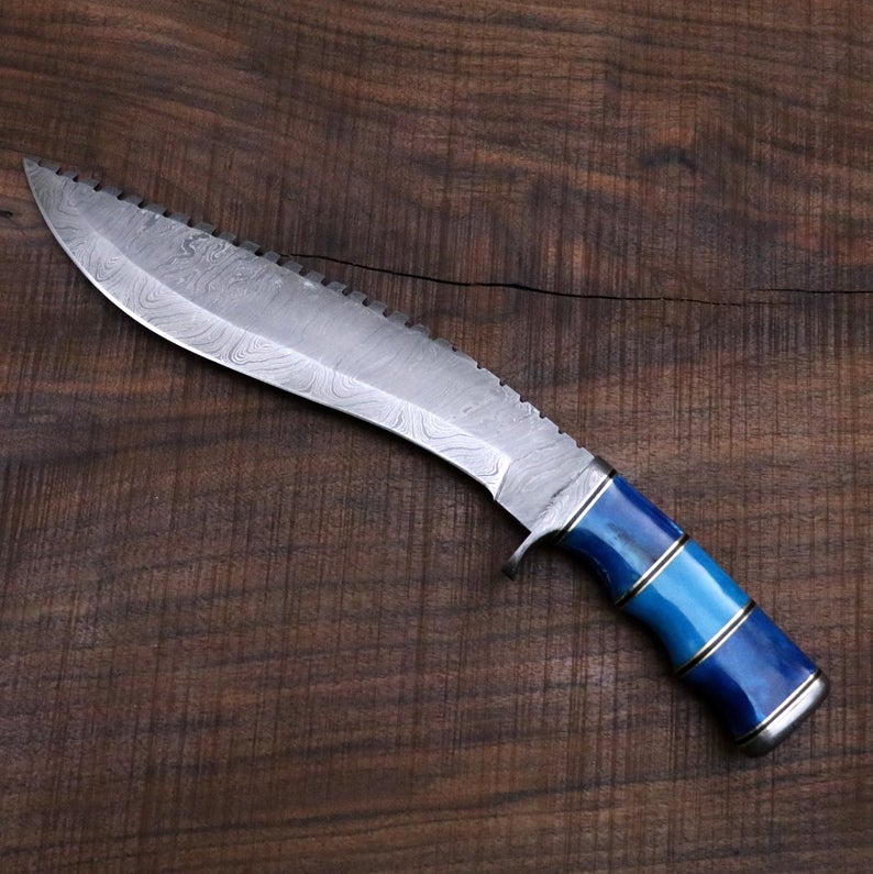Seven seas Gurkha / Kukri Knife in Damascus Steel and Blue Dyed Camel Bone Handle - Camping / Machete / Hunting Knife / Unique Knife / Bowie - SUSA KNIVES