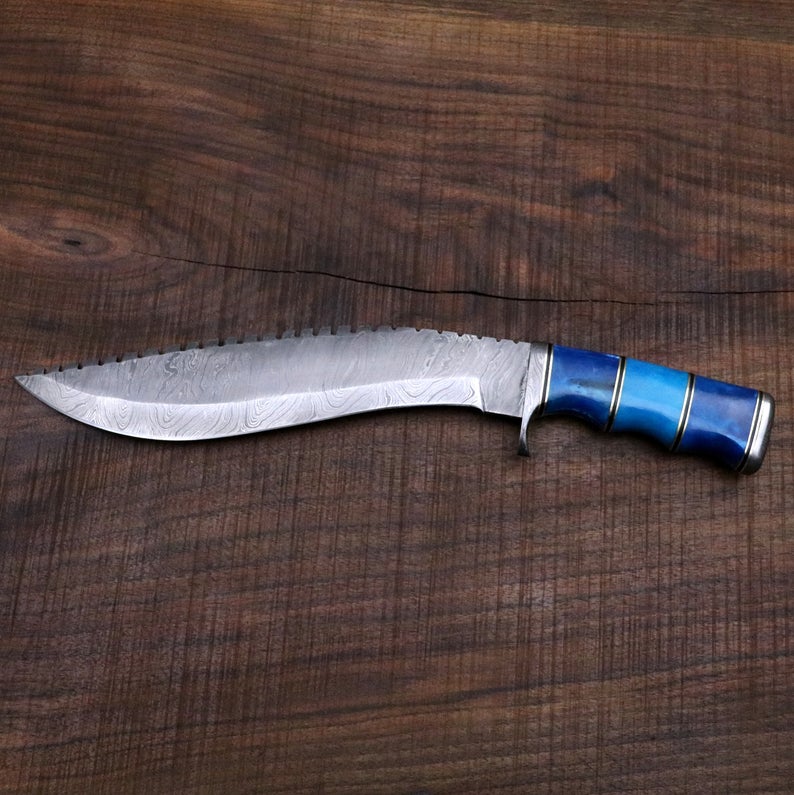 Seven seas Gurkha / Kukri Knife in Damascus Steel and Blue Dyed Camel Bone Handle - Camping / Machete / Hunting Knife / Unique Knife / Bowie - SUSA KNIVES