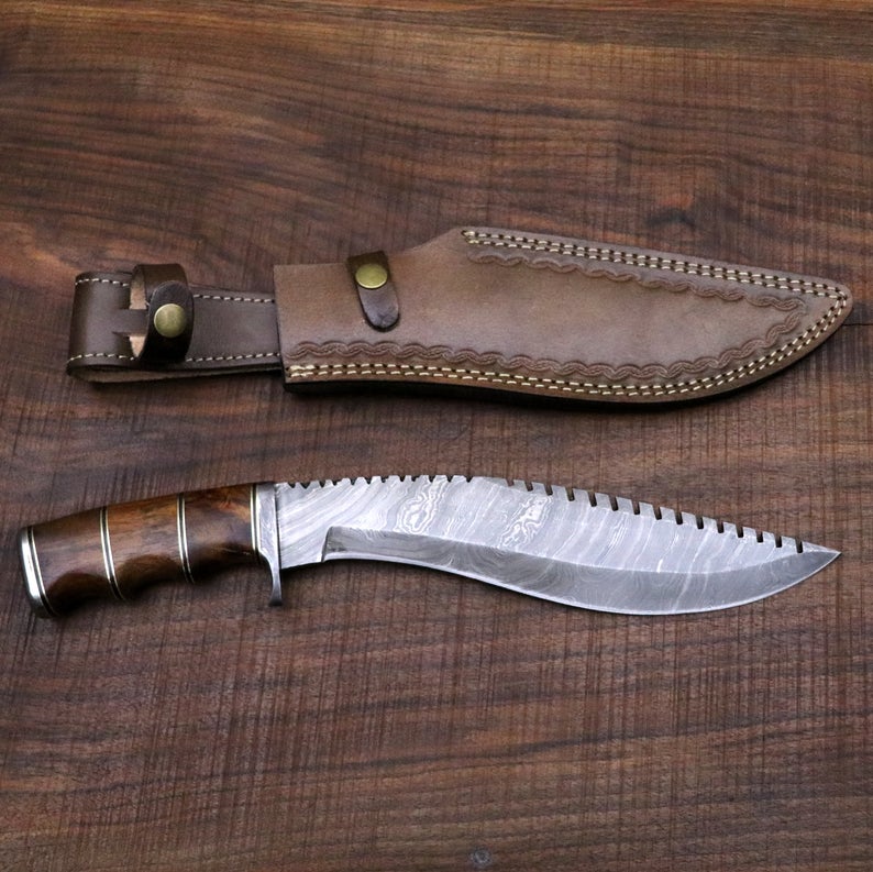 Damascus Gurkha / Kukri Knife Large - Camping / Machete / Hunting Knife / Unique Knife / Bowie / Survival / Groomsmen Anniversary Gift - SUSA KNIVES