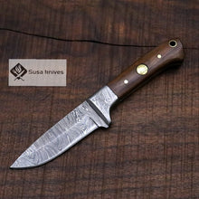 Load image into Gallery viewer, Damascus Bushcraft Knife with Walnut Wood Scales - Hunting, Camping, Fixed Blade, Groomsmen, Anniversary Gift Men, Unique Knife, EDC, - SUSA KNIVES

