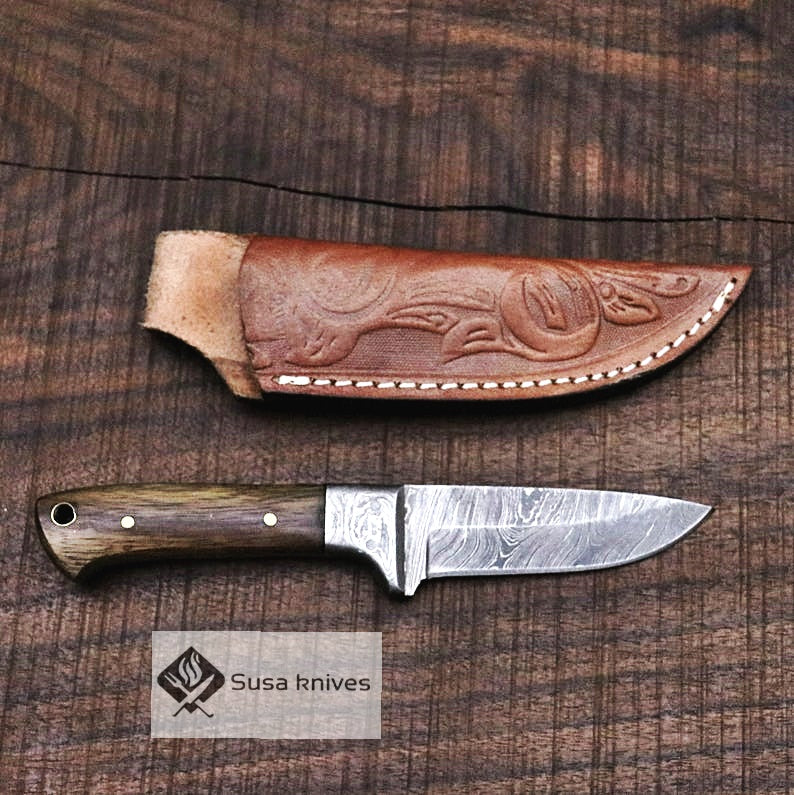 Damascus Bushcraft Knife with Walnut Wood Scales - Hunting, Camping, Fixed Blade, Groomsmen, Anniversary Gift Men, Unique Knife, EDC, - SUSA KNIVES