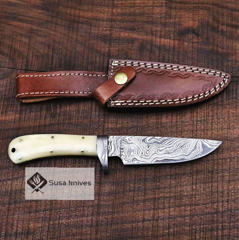 Damascus Bushcraft Knife with Camel Bone Scales - Hunting, Camping, Fixed Blade, Groomsmen, Anniversary Gift Men, Unique Knife, EDC, - SUSA KNIVES