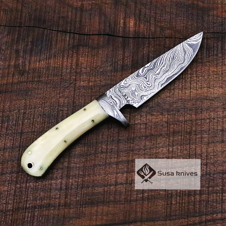 Damascus Bushcraft Knife with Camel Bone Scales - Hunting, Camping, Fixed Blade, Groomsmen, Anniversary Gift Men, Unique Knife, EDC, - SUSA KNIVES