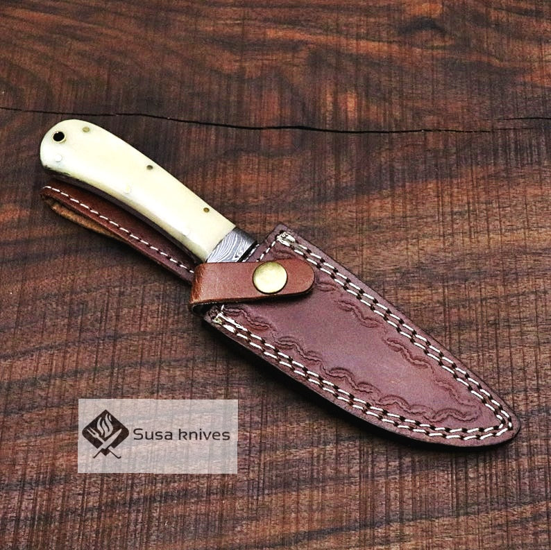 Damascus Bushcraft Knife with Camel Bone Scales - Hunting, Camping, Fixed Blade, Groomsmen, Anniversary Gift Men, Unique Knife, EDC, - SUSA KNIVES