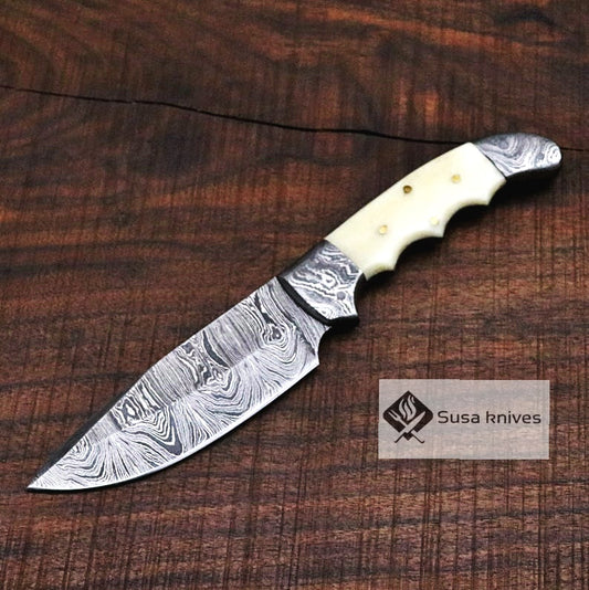 Damascus Bushcraft Knife with Camel Bone Scales - Hunting, Camping, Fixed Blade, Groomsmen, Anniversary Gift Men, Unique Knife, EDC, - SUSA KNIVES