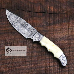 Damascus Bushcraft Knife with Camel Bone Scales - Hunting, Camping, Fixed Blade, Groomsmen, Anniversary Gift Men, Unique Knife, EDC, - SUSA KNIVES