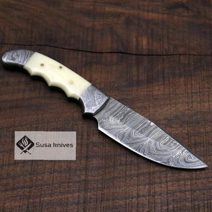 Damascus Bushcraft Knife with Camel Bone Scales - Hunting, Camping, Fixed Blade, Groomsmen, Anniversary Gift Men, Unique Knife, EDC, - SUSA KNIVES