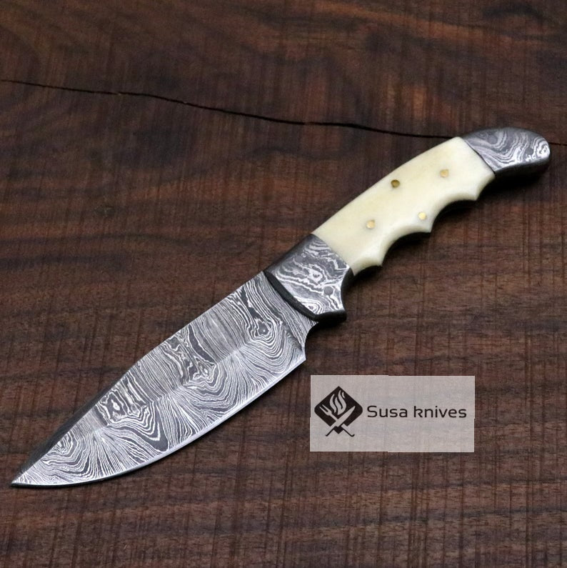 Damascus Bushcraft Knife with Camel Bone Scales - Hunting, Camping, Fixed Blade, Groomsmen, Anniversary Gift Men, Unique Knife, EDC, - SUSA KNIVES