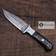 Load image into Gallery viewer, Damascus Bushcraft Knife with Black Micarta Scales - Hunting, Camping, Fixed Blade, Groomsmen, Anniversary Gift Men, Unique Knife, EDC, - SUSA KNIVES
