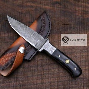 Damascus Bushcraft Knife with Black Micarta Scales - Hunting, Camping, Fixed Blade, Groomsmen, Anniversary Gift Men, Unique Knife, EDC, - SUSA KNIVES