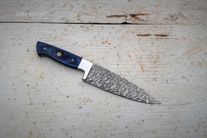 Chef Knife; Twist Pattern Damascus steel, Royal Blue Dyed Rosewood handle - SUSA KNIVES