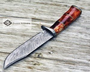 DAMASCUS STEEL BOWIE KNIFE, 13", DAMASCUS STEEL TRAILING POINT BLADE, BOWIE KNIFE BLADE, BONE HANDLE, DAMASCUS GUARD & BUTT, FIXED BLADE, FULL TANG - SUSA KNIVES