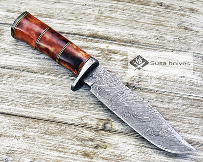 DAMASCUS STEEL BOWIE KNIFE, 13", DAMASCUS STEEL TRAILING POINT BLADE, BOWIE KNIFE BLADE, BONE HANDLE, DAMASCUS GUARD & BUTT, FIXED BLADE, FULL TANG - SUSA KNIVES