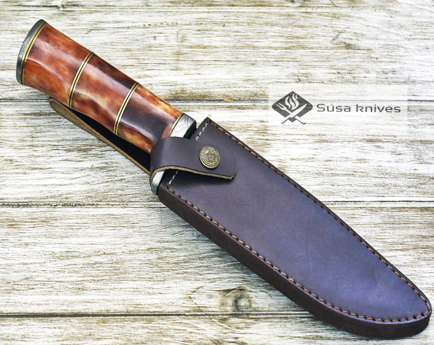 DAMASCUS STEEL BOWIE KNIFE, 13", DAMASCUS STEEL TRAILING POINT BLADE, BOWIE KNIFE BLADE, BONE HANDLE, DAMASCUS GUARD & BUTT, FIXED BLADE, FULL TANG - SUSA KNIVES