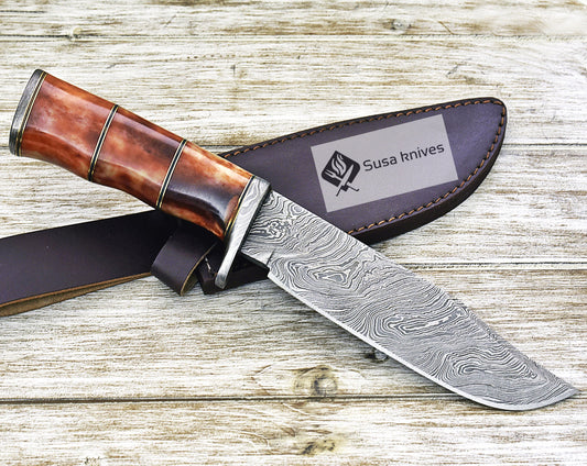 DAMASCUS STEEL BOWIE KNIFE, 13", DAMASCUS STEEL TRAILING POINT BLADE, BOWIE KNIFE BLADE, BONE HANDLE, DAMASCUS GUARD & BUTT, FIXED BLADE, FULL TANG - SUSA KNIVES