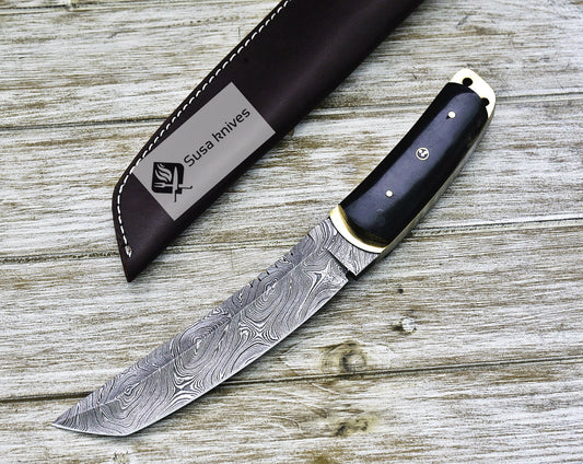 DAMASCUS KNIFE, 12" TACTICAL TANTO KNIFE, DAMASCUS STEEL TANTO POINT BLADE, BUFFALO HORN & BRASS LINED HANDLE, FULL TANG, DUAL LANYARD HOLE - SUSA KNIVES