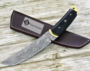 DAMASCUS KNIFE, 12" TACTICAL TANTO KNIFE, DAMASCUS STEEL TANTO POINT BLADE, BUFFALO HORN & BRASS LINED HANDLE, FULL TANG, DUAL LANYARD HOLE - SUSA KNIVES
