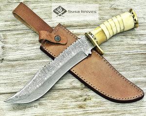 DAMASCUS KNIFE, DAMASCUS STEEL KNIFE, 14", BONE HANDLE, TRAILING POINT DAMASCUS BLADE, BRASS RIVETS SPACERS, LEATHER SHEATH INCLUDED - SUSA KNIVES