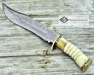 DAMASCUS KNIFE, DAMASCUS STEEL KNIFE, 14", BONE HANDLE, TRAILING POINT DAMASCUS BLADE, BRASS RIVETS SPACERS, LEATHER SHEATH INCLUDED - SUSA KNIVES