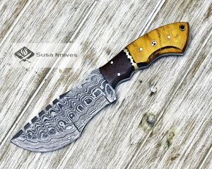 DAMASCUS KNIFE, DAMASCUS STEEL TRACKER KNIFE, 10", DAMASCUS STEEL TRACKER BLADE, EXOTIC YELLOW HEART & WALNUT WOOD HANDLE, FIXED BLADE, INCLUDES HAND STITCHED SHEATH - SUSA KNIVES