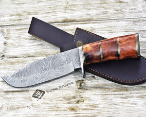 DAMASCUS STEEL BOWIE KNIFE, 13", DAMASCUS STEEL TRAILING POINT BLADE, BOWIE KNIFE BLADE, BONE HANDLE, DAMASCUS GUARD & BUTT, FIXED BLADE, FULL TANG - SUSA KNIVES