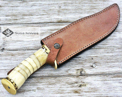 DAMASCUS KNIFE, DAMASCUS STEEL KNIFE, 14", BONE HANDLE, TRAILING POINT DAMASCUS BLADE, BRASS RIVETS SPACERS, LEATHER SHEATH INCLUDED - SUSA KNIVES