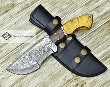 Load image into Gallery viewer, DAMASCUS KNIFE, DAMASCUS STEEL TRACKER KNIFE, 10&quot;, DAMASCUS STEEL TRACKER BLADE, EXOTIC YELLOW HEART &amp; WALNUT WOOD HANDLE, FIXED BLADE, INCLUDES HAND STITCHED SHEATH - SUSA KNIVES

