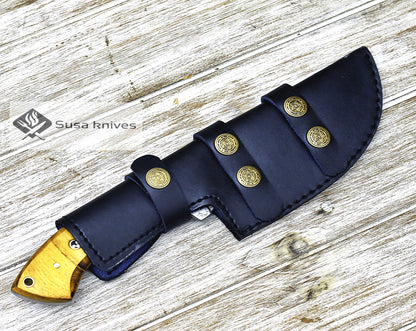 DAMASCUS KNIFE, DAMASCUS STEEL TRACKER KNIFE, 10", DAMASCUS STEEL TRACKER BLADE, EXOTIC YELLOW HEART & WALNUT WOOD HANDLE, FIXED BLADE, INCLUDES HAND STITCHED SHEATH - SUSA KNIVES