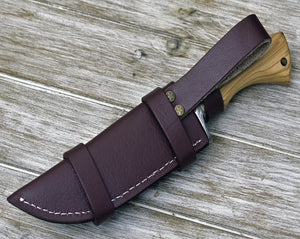 DAMASCUS BOWIE KNIFE, 10", DAMASCUS STEEL TRAILING POINT BLADE, OLIVE WOOD HANDLE, FIXED BLADE, FULL TANG, DAMASCUS GUARD, LANYARD HOLE - SUSA KNIVES