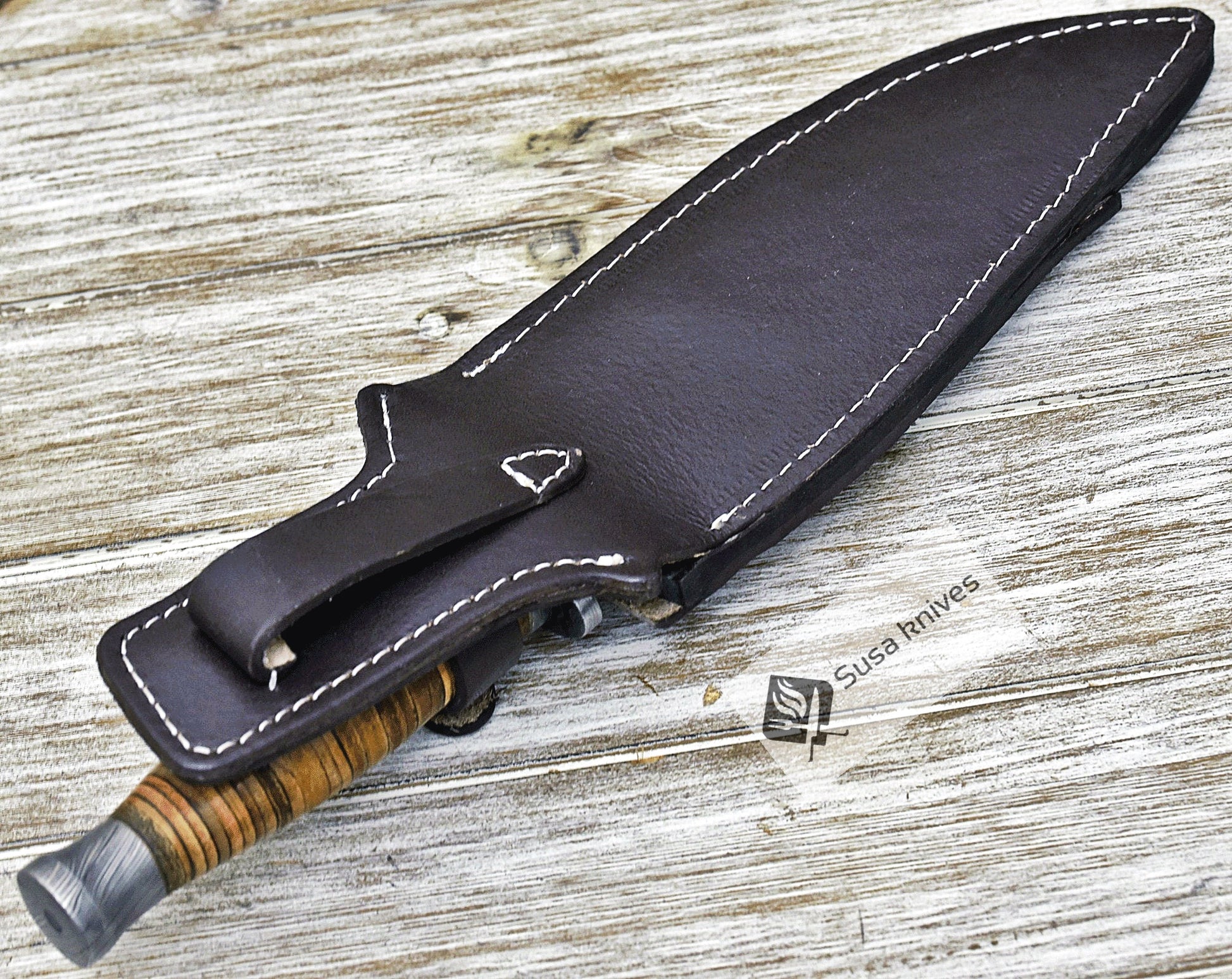 DAMASCUS STEEL BOWIE KNIFE, 12", DAMASCUS STEEL TRAILING POINT BOWIE KNIFE, STACKED LEATHER HANDLE, DAMASCUS GUARD & POMMEL, FIXED BLADE, FULL TANG - SUSA KNIVES