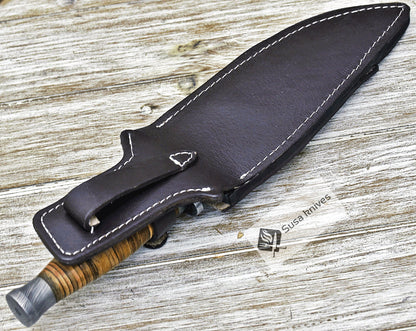 DAMASCUS STEEL BOWIE KNIFE, 12", DAMASCUS STEEL TRAILING POINT BOWIE KNIFE, STACKED LEATHER HANDLE, DAMASCUS GUARD & POMMEL, FIXED BLADE, FULL TANG - SUSA KNIVES
