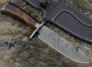 DAMASCUS STEEL BOWIE KNIFE, 12.0", DAMASCUS STEEL DROP POINT GUT HOOK BLADE, HIGHLY FIGURED BOLIVIAN ROSE WOOD HANDLE, DAMASCUS GUARD, FIXED BLADE, FULL TANG, HAND STITCHED LEATHER SHEATH - SUSA KNIVES