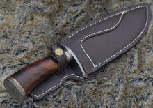Load image into Gallery viewer, DAMASCUS STEEL BOWIE KNIFE, 12.0&quot;, DAMASCUS STEEL DROP POINT GUT HOOK BLADE, HIGHLY FIGURED BOLIVIAN ROSE WOOD HANDLE, DAMASCUS GUARD, FIXED BLADE, FULL TANG, HAND STITCHED LEATHER SHEATH - SUSA KNIVES
