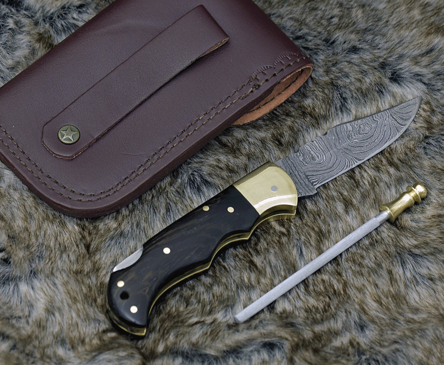 DAMASCUS FOLDING KNIFE, DAMASCUS POCKET KNIFE, CUSTOM DAMASCUS FOLDER, CLIP POINT BLADE, LOCK BACK FOLDING KNIFE, EXOTIC WENGE WOOD SCALES, HAND CARVED SPINE, LANYARD HOLE, HAND STITCHED LEATHER SHEATH - SUSA KNIVES