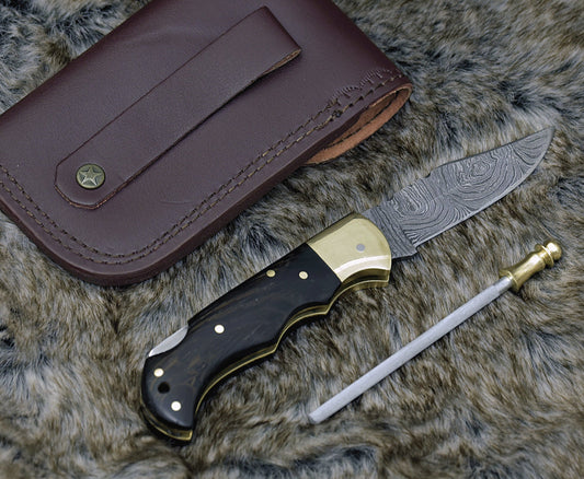 DAMASCUS FOLDING KNIFE, DAMASCUS POCKET KNIFE, CUSTOM DAMASCUS FOLDER, CLIP POINT BLADE, LOCK BACK FOLDING KNIFE, EXOTIC WENGE WOOD SCALES, HAND CARVED SPINE, LANYARD HOLE, HAND STITCHED LEATHER SHEATH - SUSA KNIVES