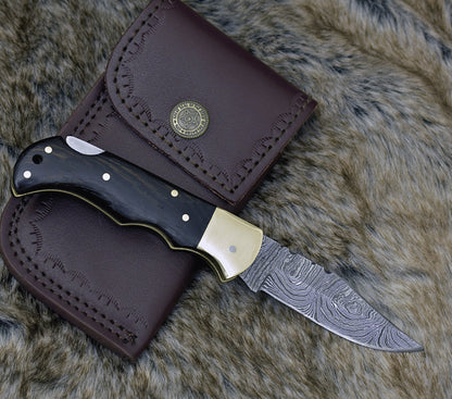 DAMASCUS FOLDING KNIFE, DAMASCUS POCKET KNIFE, CUSTOM DAMASCUS FOLDER, CLIP POINT BLADE, LOCK BACK FOLDING KNIFE, EXOTIC WENGE WOOD SCALES, HAND CARVED SPINE, LANYARD HOLE, HAND STITCHED LEATHER SHEATH - SUSA KNIVES