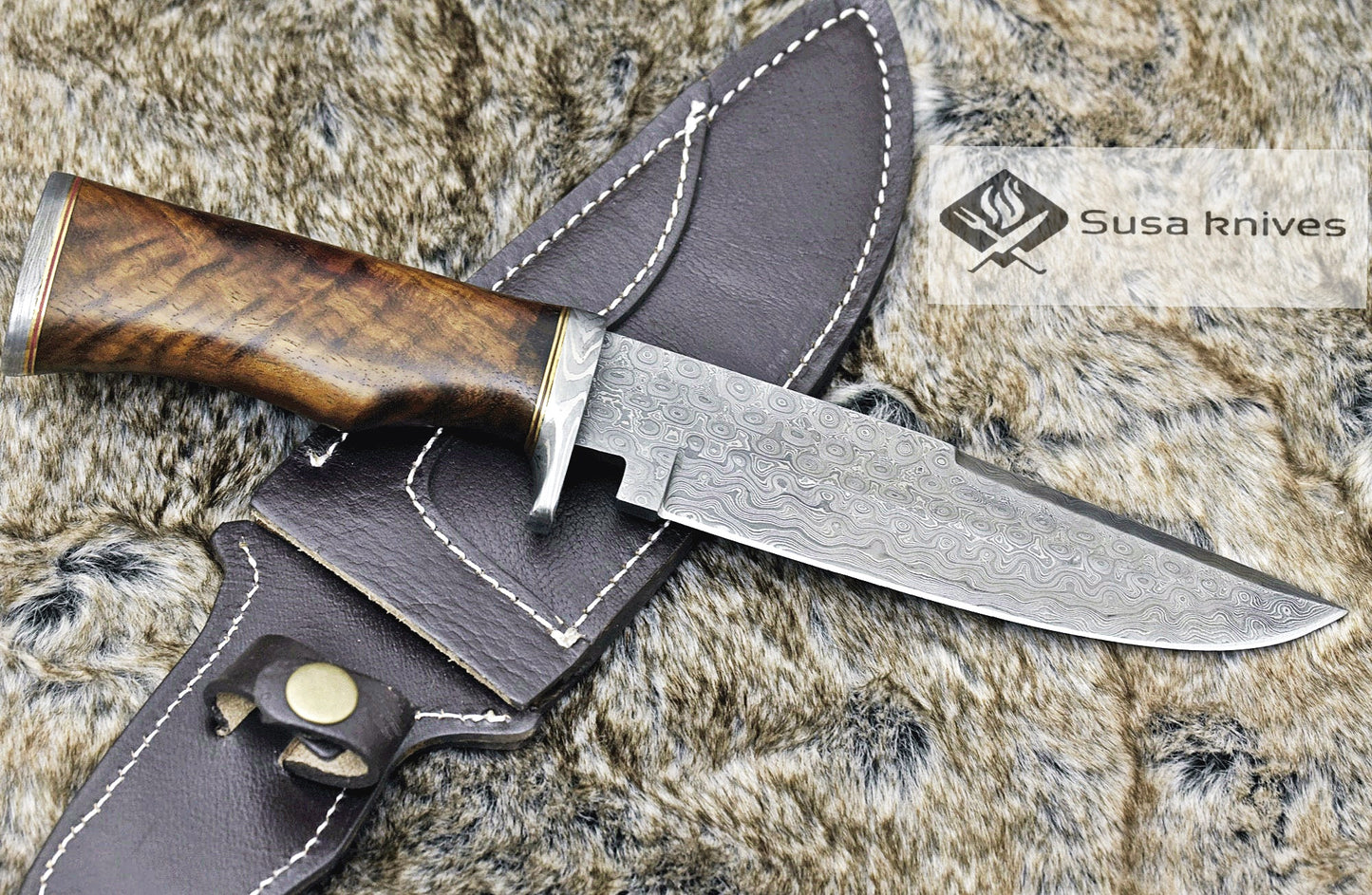DAMASCUS KNIFE, DAMASCUS STEEL CLASSIC BOWIE KNIFE, 12", DAMASCUS STEEL CLIP POINT BLADE, WALNUT WOOD HANDLE, DAMASCUS GUARD & POMMEL, FIXED BLADE, FULL TANG - SUSA KNIVES