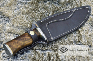 DAMASCUS KNIFE, DAMASCUS STEEL CLASSIC BOWIE KNIFE, 12", DAMASCUS STEEL CLIP POINT BLADE, WALNUT WOOD HANDLE, DAMASCUS GUARD & POMMEL, FIXED BLADE, FULL TANG - SUSA KNIVES