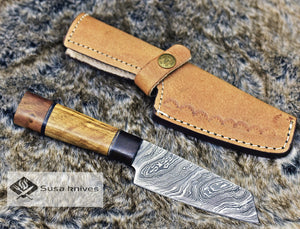 CUSTOM DAMASCUS KNIFE, CHEF KNIFE, 8.5" inch UTILITY PAIRING, DAMASCUS STEEL STRAIGHT BACK BLADE, EBONY OLIVE & WALNUT WOOD COMPOSITE HANDLE, FIXED BLADE, FULL TANG - SUSA KNIVES