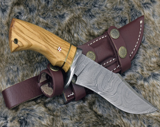 DAMASCUS BOWIE KNIFE, 10", DAMASCUS STEEL TRAILING POINT BLADE, OLIVE WOOD HANDLE, FIXED BLADE, FULL TANG, DAMASCUS GUARD, LANYARD HOLE - SUSA KNIVES