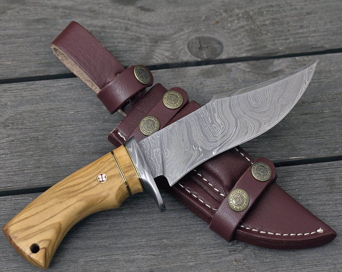 DAMASCUS BOWIE KNIFE, 10", DAMASCUS STEEL TRAILING POINT BLADE, OLIVE WOOD HANDLE, FIXED BLADE, FULL TANG, DAMASCUS GUARD, LANYARD HOLE - SUSA KNIVES