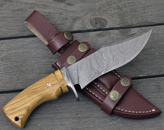 DAMASCUS BOWIE KNIFE, 10", DAMASCUS STEEL TRAILING POINT BLADE, OLIVE WOOD HANDLE, FIXED BLADE, FULL TANG, DAMASCUS GUARD, LANYARD HOLE - SUSA KNIVES