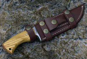 DAMASCUS BOWIE KNIFE, 10", DAMASCUS STEEL TRAILING POINT BLADE, OLIVE WOOD HANDLE, FIXED BLADE, FULL TANG, DAMASCUS GUARD, LANYARD HOLE - SUSA KNIVES