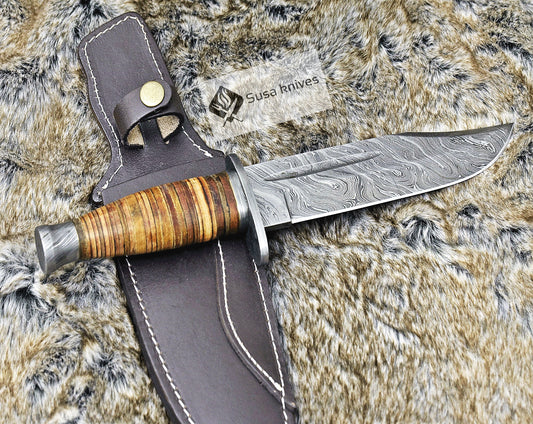DAMASCUS STEEL BOWIE KNIFE, 12", DAMASCUS STEEL TRAILING POINT BOWIE KNIFE, STACKED LEATHER HANDLE, DAMASCUS GUARD & POMMEL, FIXED BLADE, FULL TANG - SUSA KNIVES