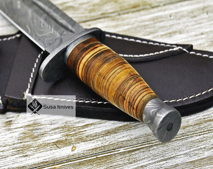 DAMASCUS STEEL BOWIE KNIFE, 12", DAMASCUS STEEL TRAILING POINT BOWIE KNIFE, STACKED LEATHER HANDLE, DAMASCUS GUARD & POMMEL, FIXED BLADE, FULL TANG - SUSA KNIVES